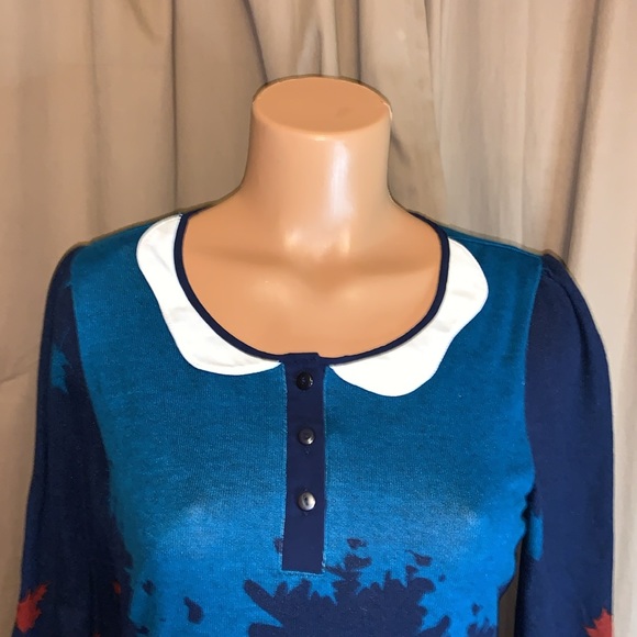 FOX SWEATER DRESS size medium Just Funky dark blue long sleeves Peter Pan collar - Picture 3 of 8